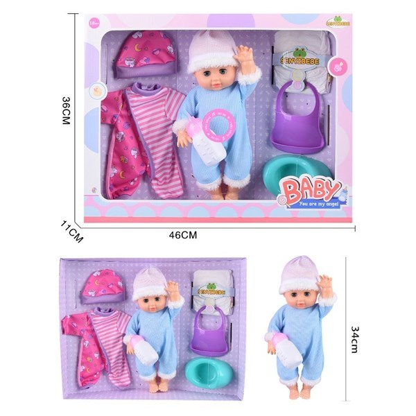 Bebote, hace pis, con mamadera y accesorios, 33cm, en caja