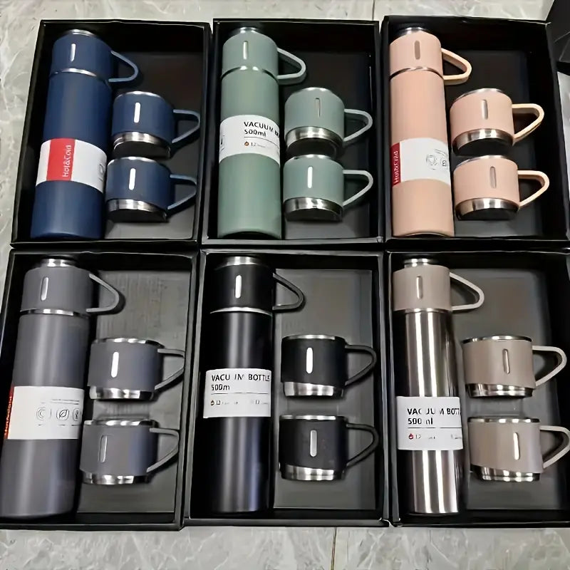 SET Termo 500ml Agua Frio Caliente + 3 Tazas Acero Inoxidable Varios Colores