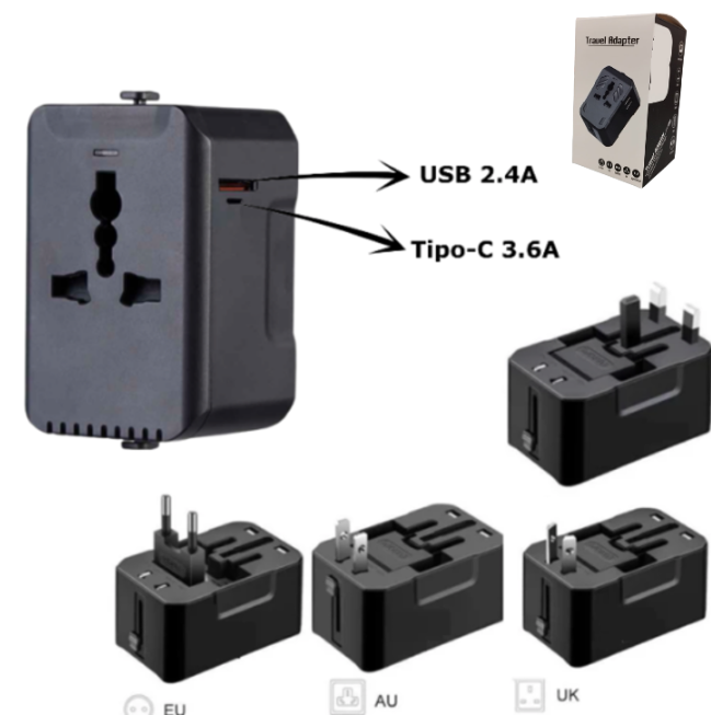 Adaptador Cargador De Viaje Con USB (5V/2.4A) + Puerto Tipo-C (5V/3.6A) / 100V-1000W / 250V-1500W