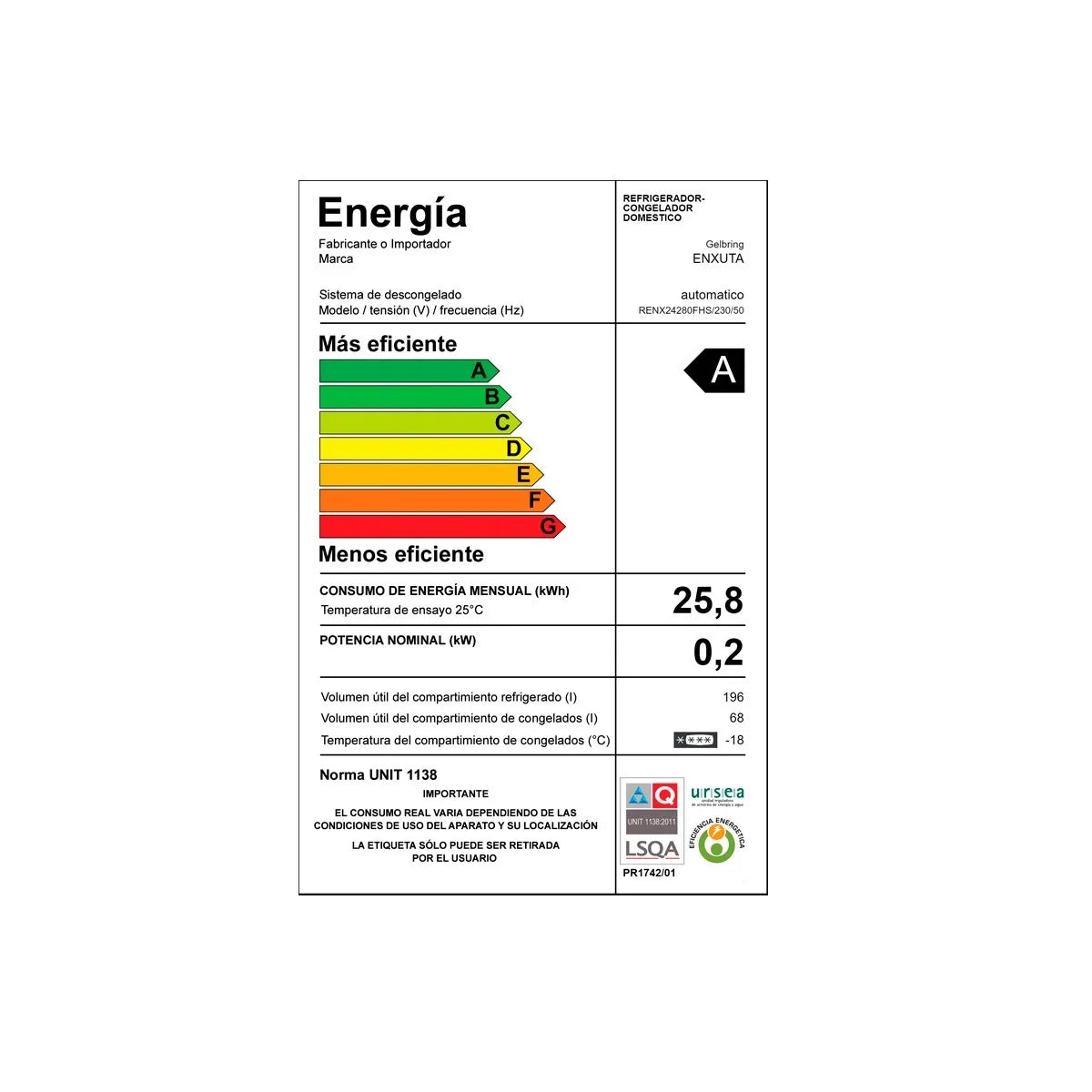 Heladera Enxuta Clase A Renx24280fhs