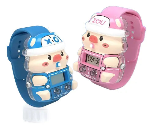 Reloj Infantil Con Forma De Cerdito Correa Ajustable Luces Azul