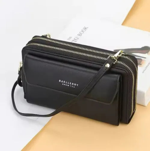 Cartera Billetera Correa Con Monedero Y Bolsillos Porta Cel Negro Lisa Oro Negro