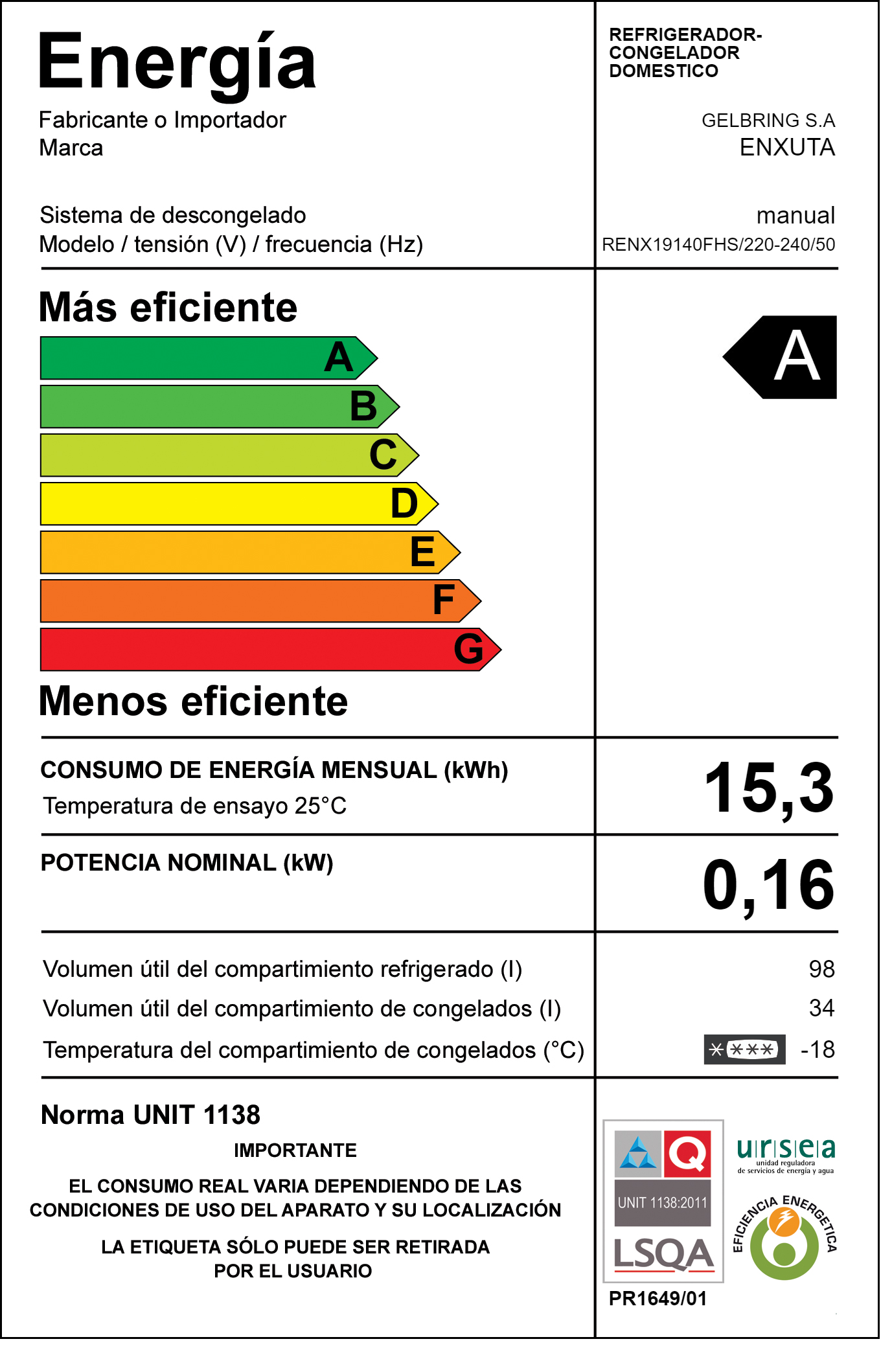 Refrigerador Frío Húmedo – Enxuta – RENX19140FHS