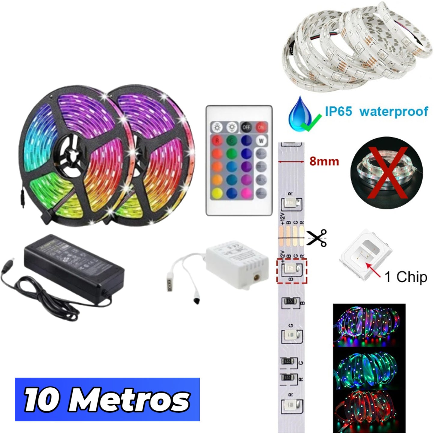 Cinta Tira Luces Led Rgb Con Transformador + Control - 10 Metros