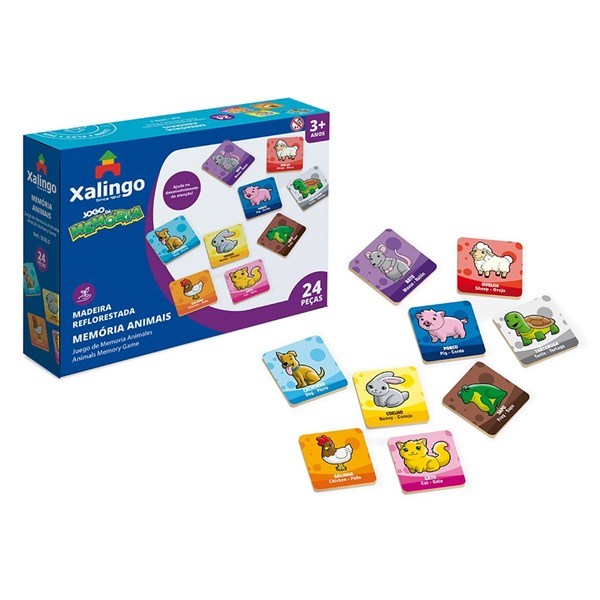 Juego de mesa, memoria, animales, 24 piezas de madera, XALINGO, en caja
