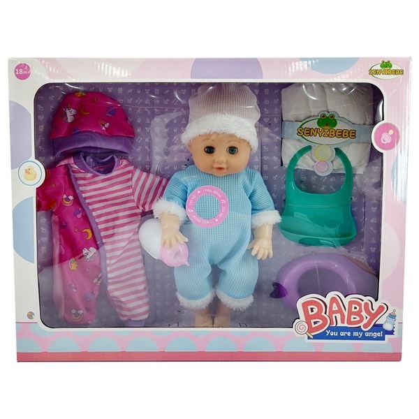 Bebote, hace pis, con mamadera y accesorios, 33cm, en caja