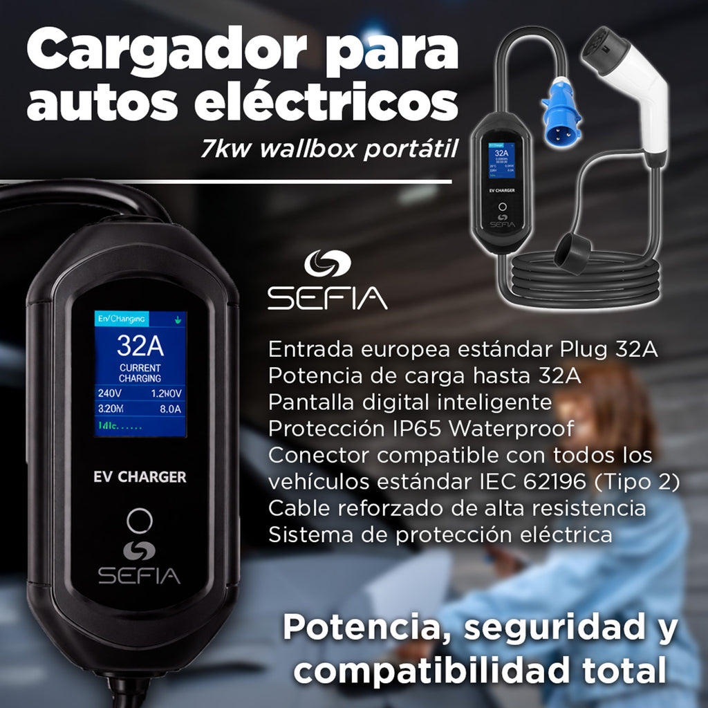 Cargador Auto Eléctrico Wallbox 7kw 32a Fijo Portatil Sefia