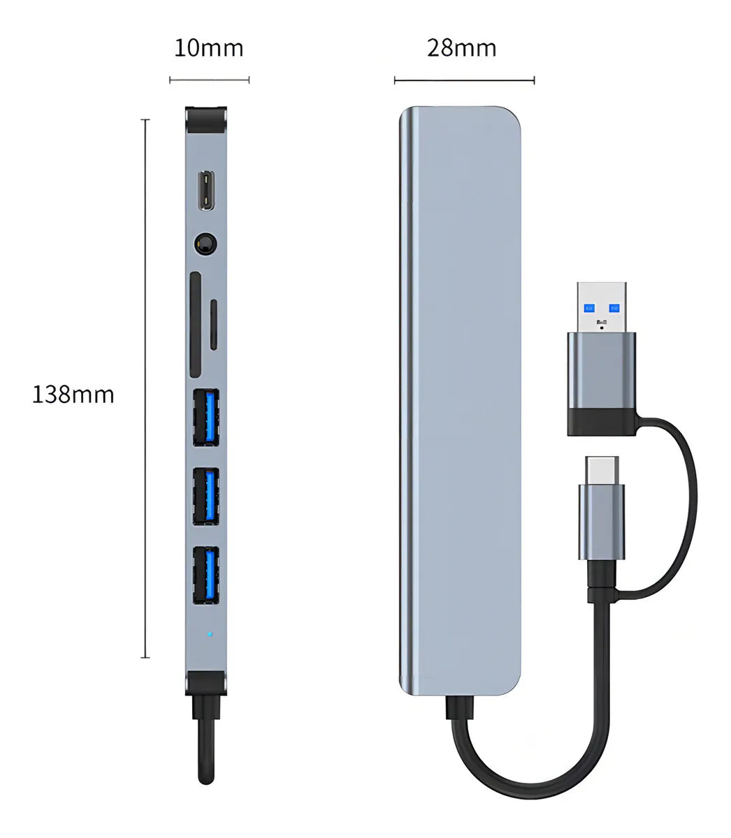 Adaptador Usb C Hub Tipo C, 8 En 1, Multipuerto, Usb 3.0, Sd,hubs Múltiple