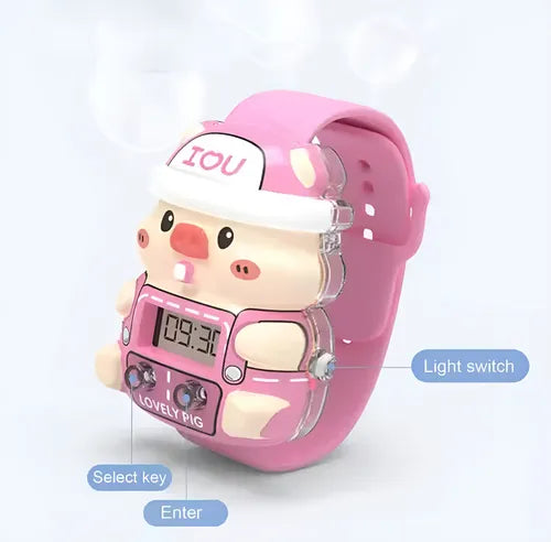 Reloj Infantil Con Forma De Cerdito Correa Ajustable Luces Rosa