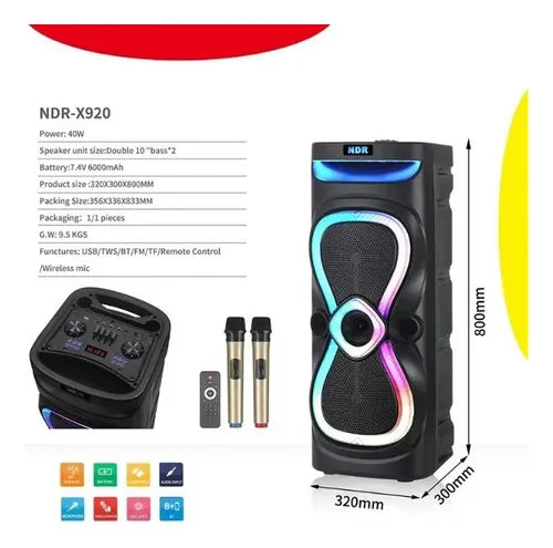 Reproductor Parlante Portátil Ndr-x920 2x10 Bluetooth 2 Mic Usb Etc Negro