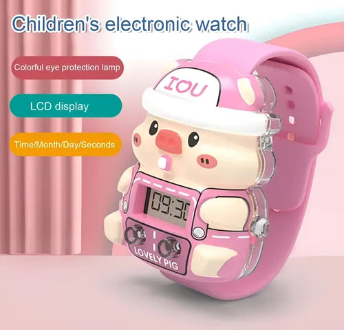 Reloj Infantil Con Forma De Cerdito Correa Ajustable Luces Rosa