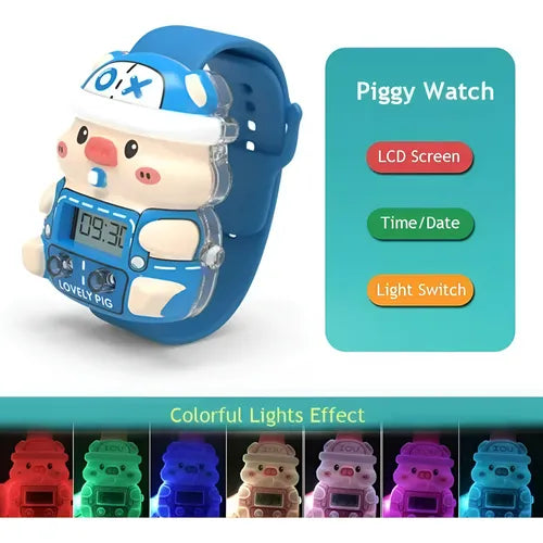 Reloj Infantil Con Forma De Cerdito Correa Ajustable Luces Azul