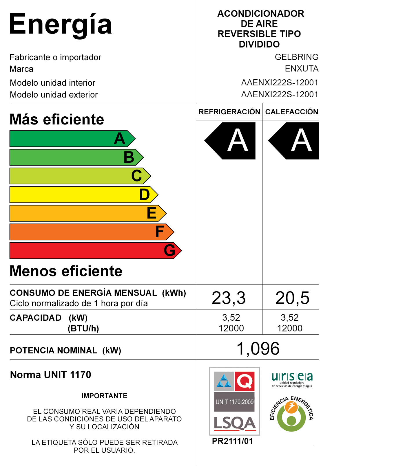 Aire Acondicionado Inverter SMART – Enxuta – AAENXI222S – 12001