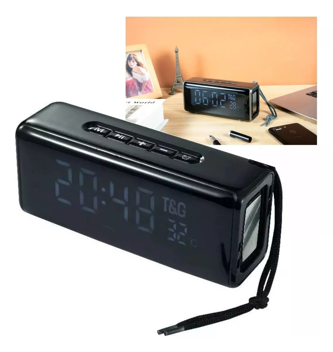 PARLANTE PORTÁTIL TG174 CON RELOJ DESPERTADOR NEGRO
