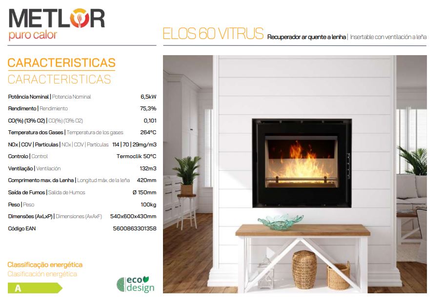 Calefactor Leña insertable Metlor Vitrus 60
